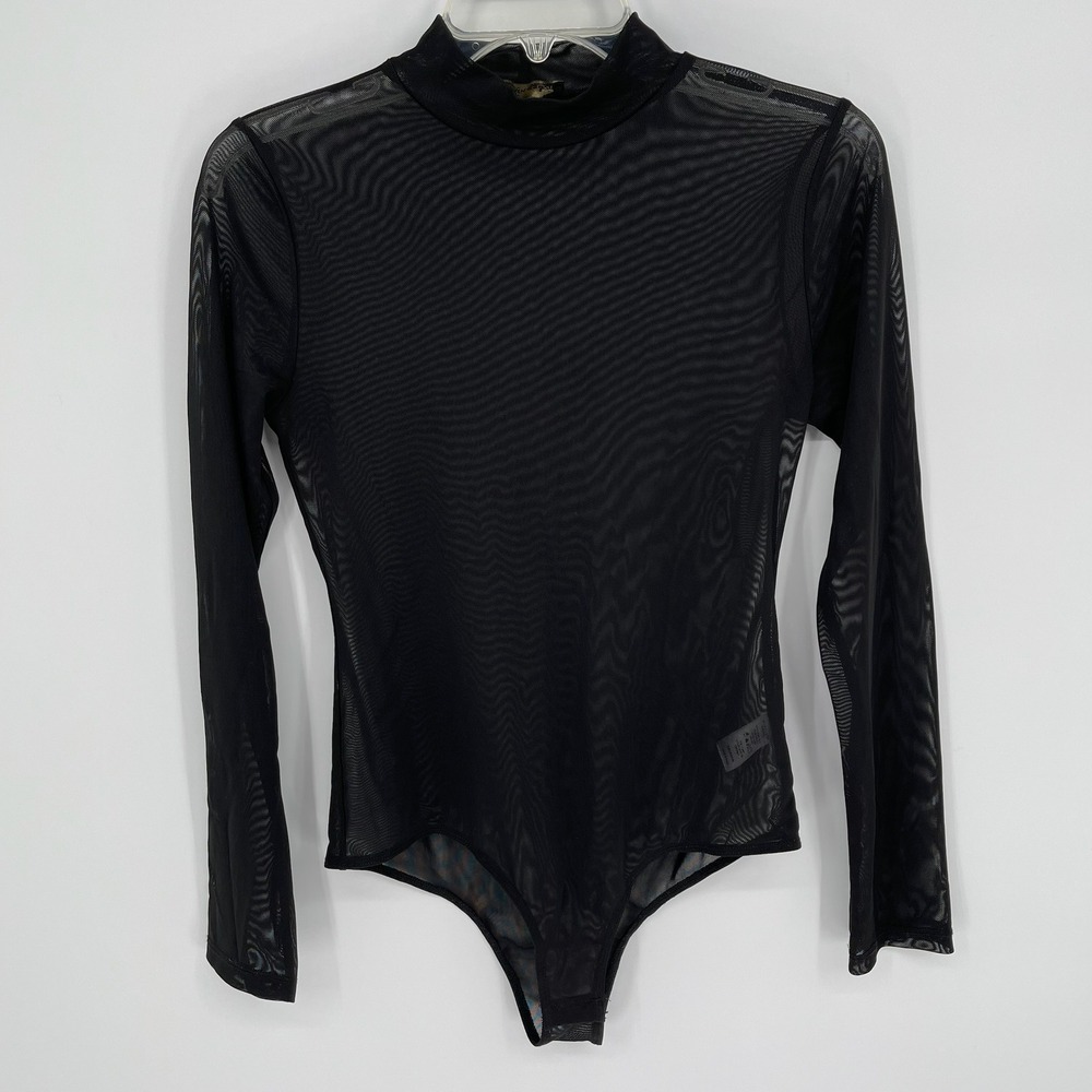 Shinestar Women's Black Sheer Mesh Long Sleeve Mock Neck Bodysuit Size M